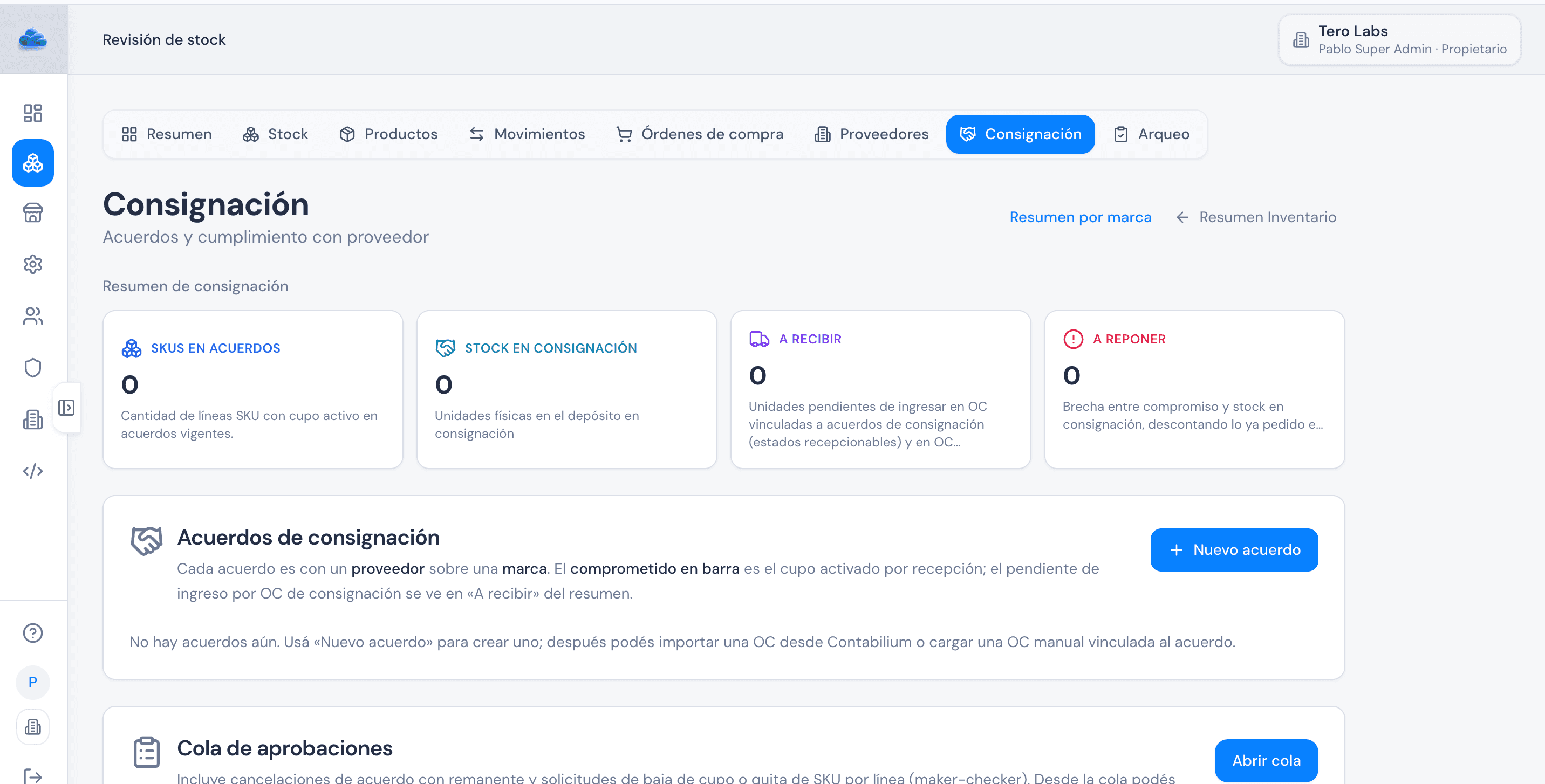 Pantalla del módulo de consignación de Clink