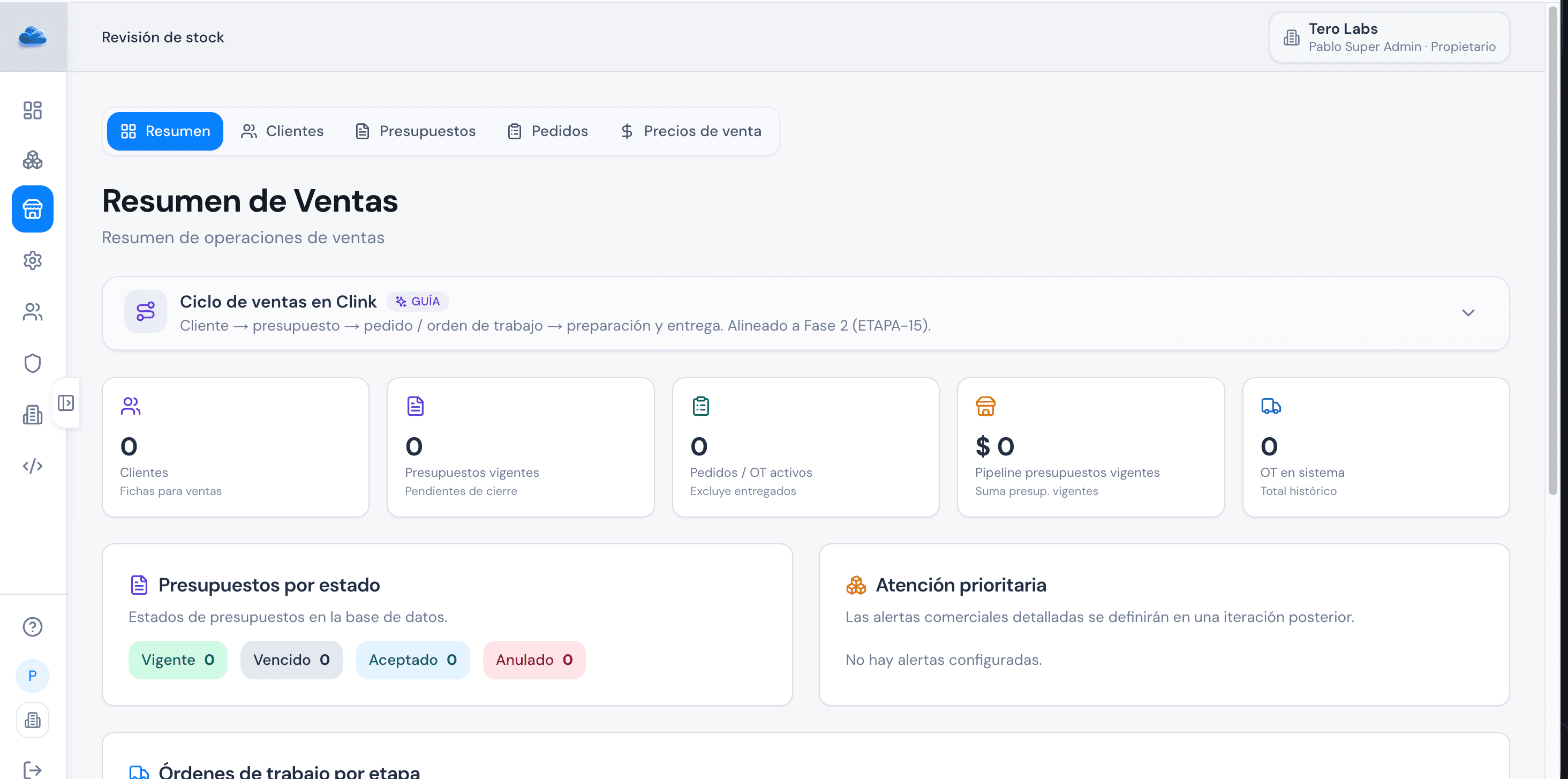 Pantalla del módulo de ventas de Clink
